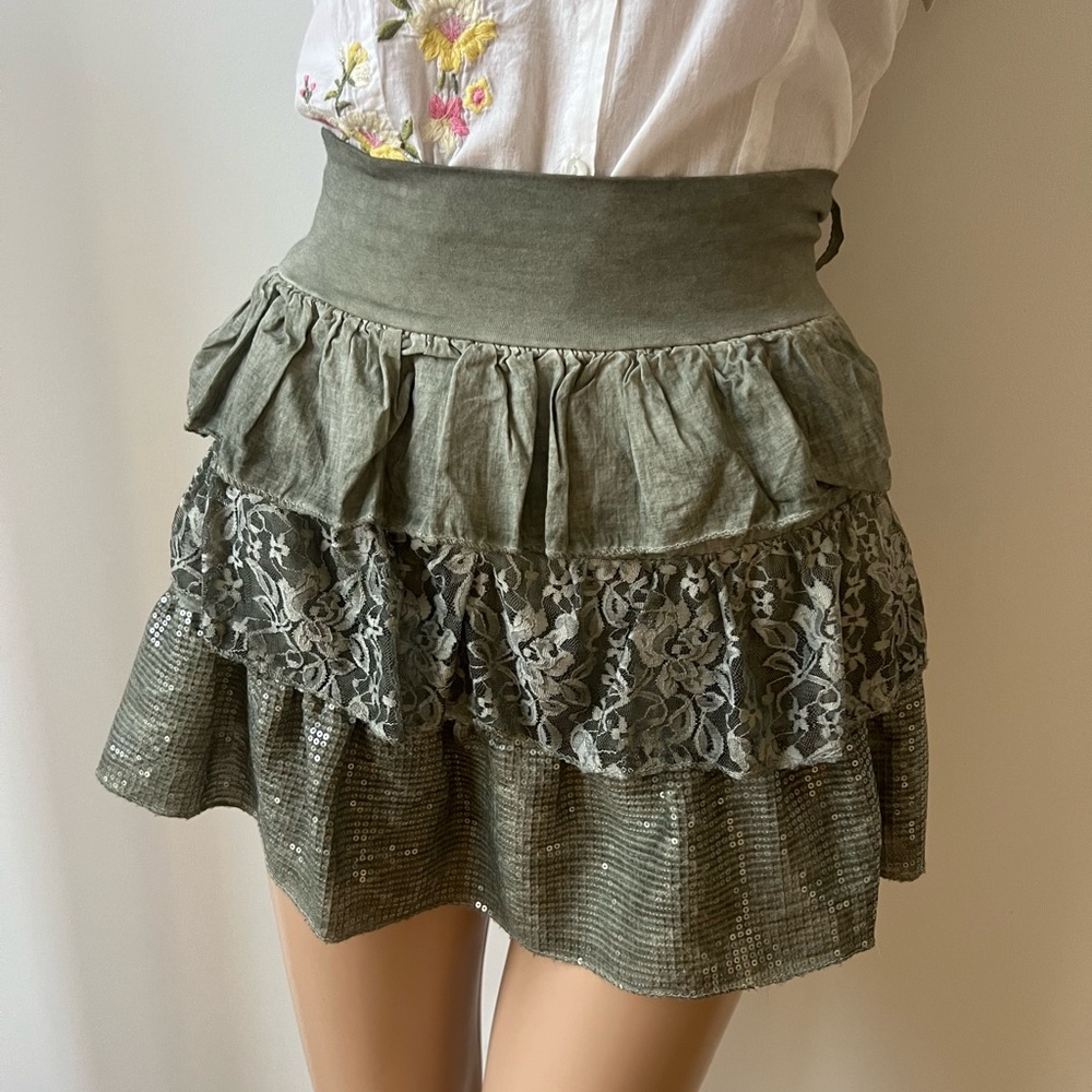 Green Tiered Ruffle Lace Mini Skirt